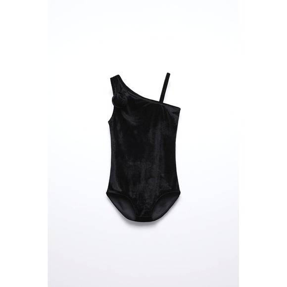 Zara Kids Girls 8 Black Velvet One Shoulder Flower Bodysuit NWT Snap Bottom - Picture 1 of 9